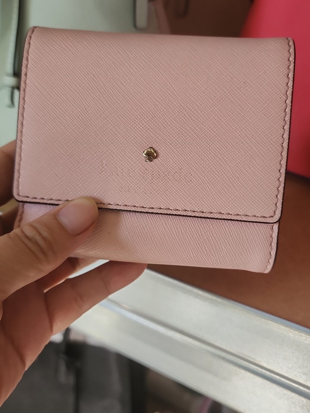 kate spade Small Pink Saffiano Trifold Wallet with Gold Logo